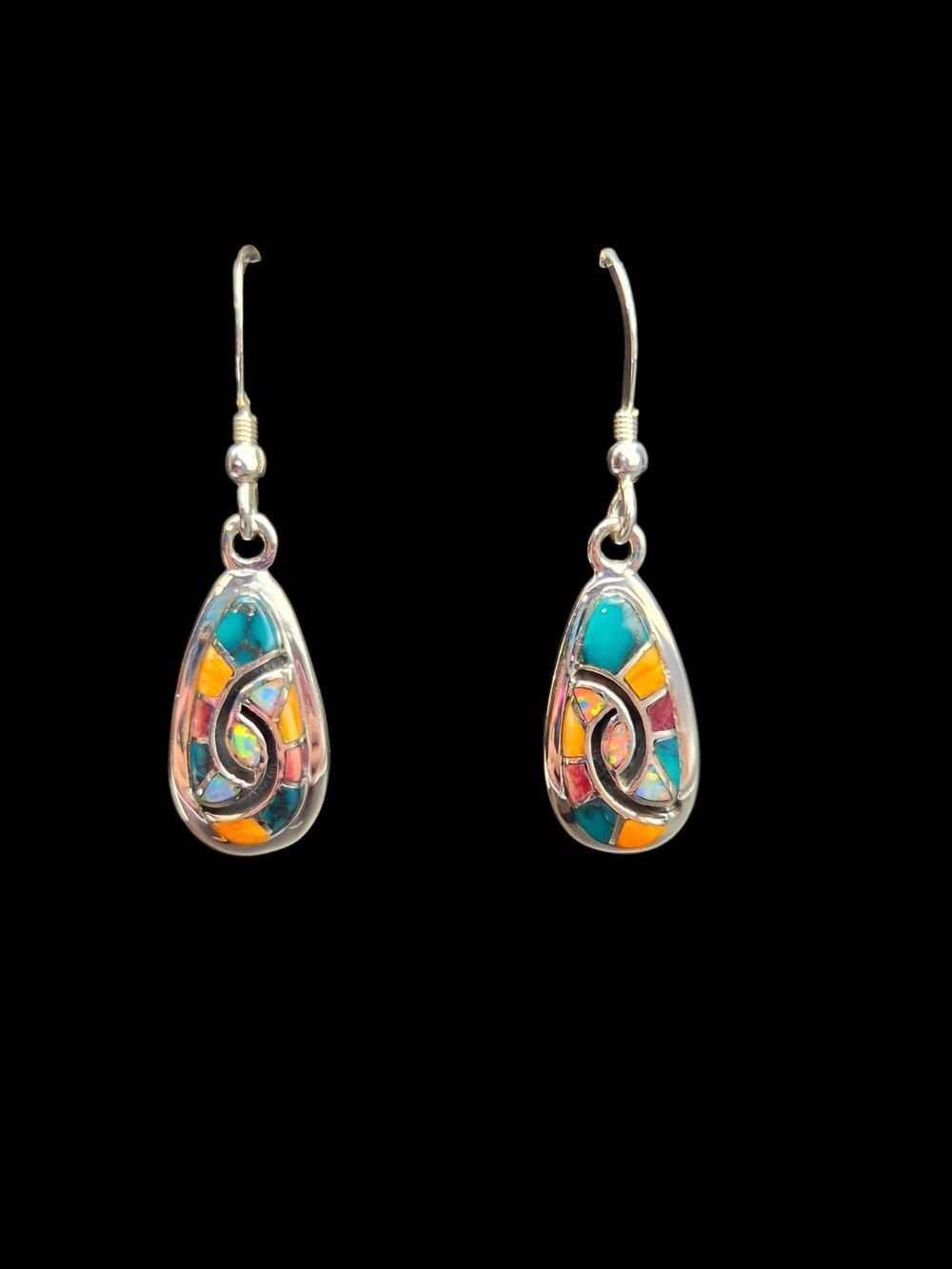 Sterling Silver Teardrop Mosaic Inlay Earrings, Turquoise, Opal & Coral